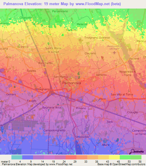 Palmanova,Italy Elevation Map