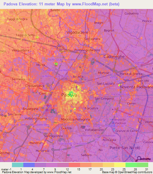 Padova,Italy Elevation Map