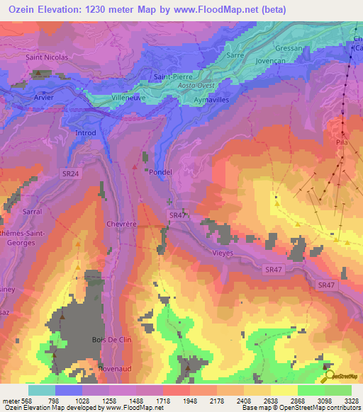 Ozein,Italy Elevation Map