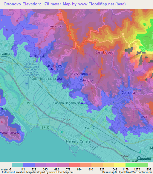 Ortonovo,Italy Elevation Map