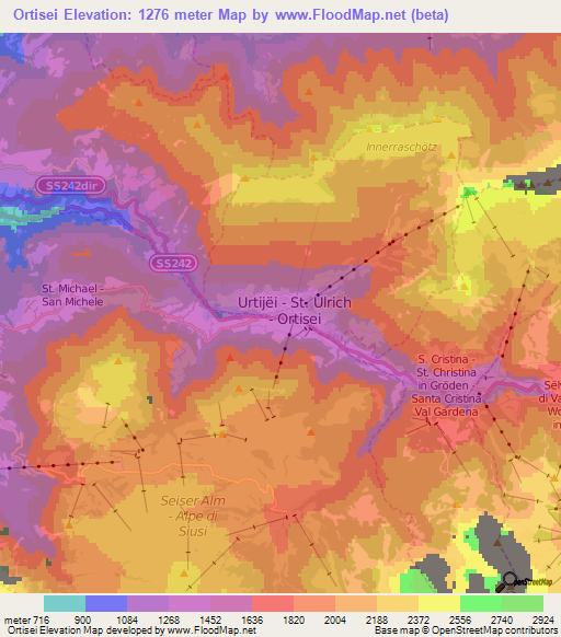 Ortisei,Italy Elevation Map