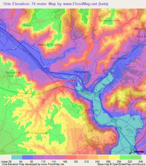 Orte,Italy Elevation Map