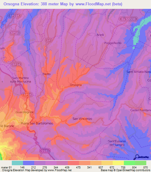 Orsogna,Italy Elevation Map