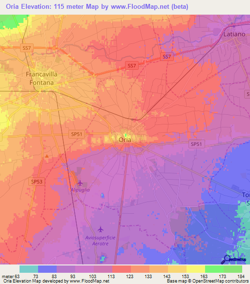 Oria,Italy Elevation Map