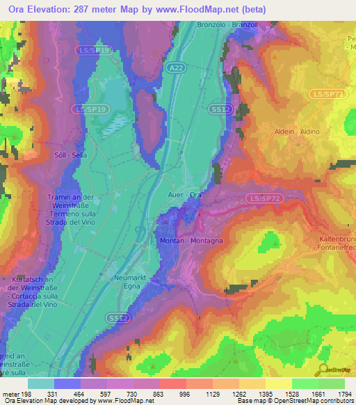 Ora,Italy Elevation Map