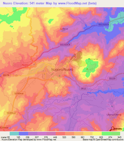 Nuoro,Italy Elevation Map