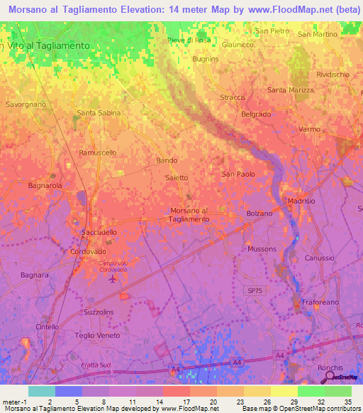 Morsano al Tagliamento,Italy Elevation Map