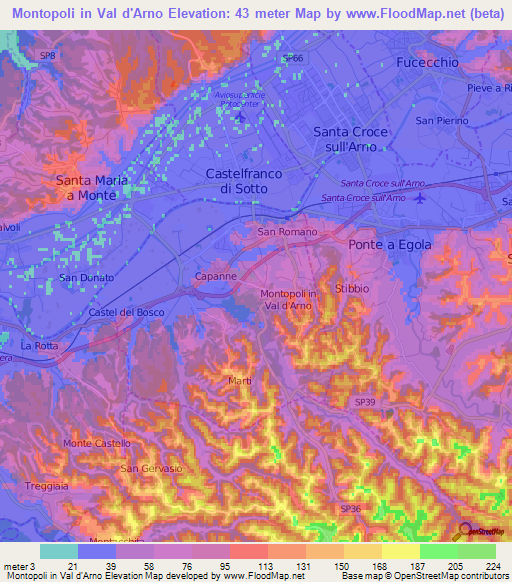 Montopoli in Val d'Arno,Italy Elevation Map