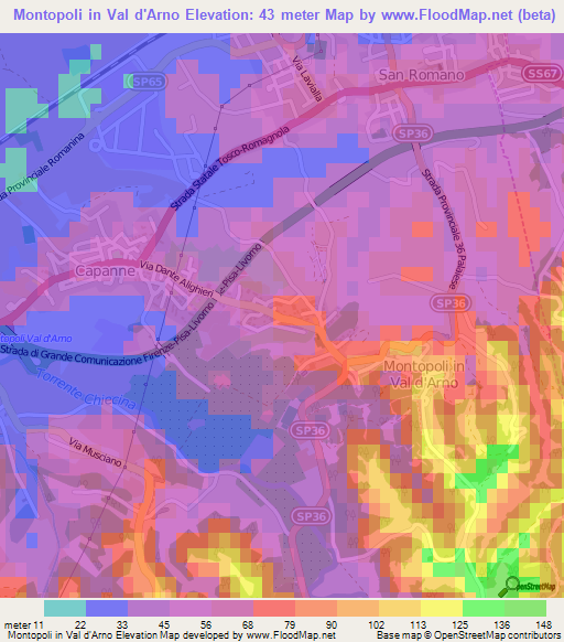 Montopoli in Val d'Arno,Italy Elevation Map