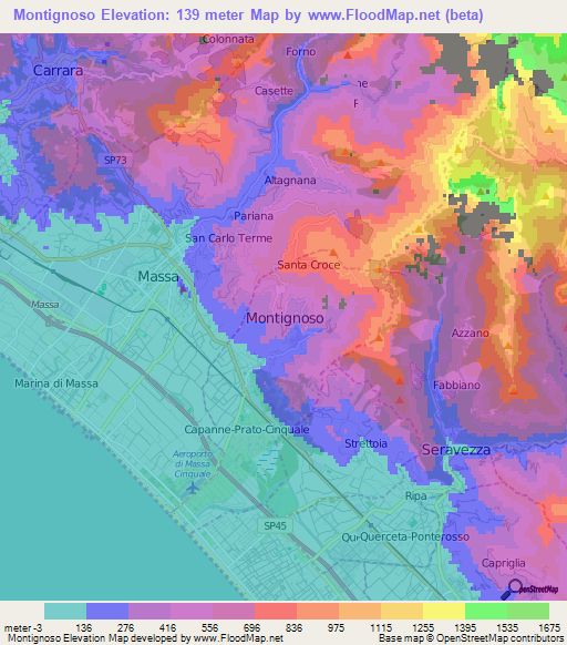 Montignoso,Italy Elevation Map