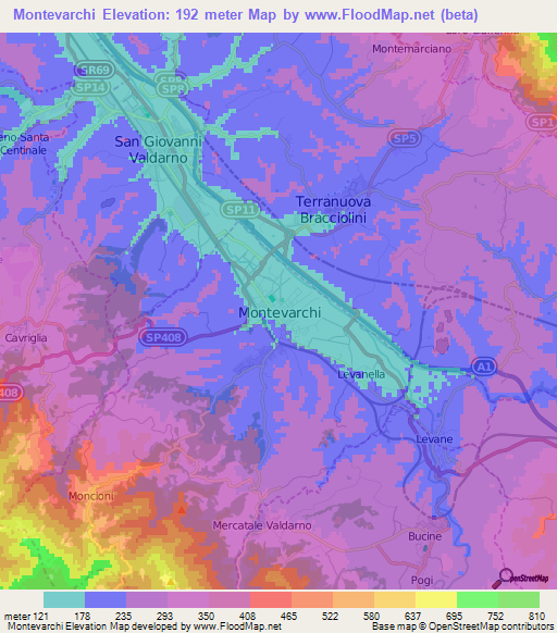 Montevarchi,Italy Elevation Map