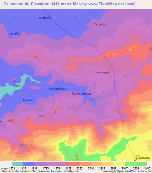 Delimahmutlu,Turkey Elevation Map