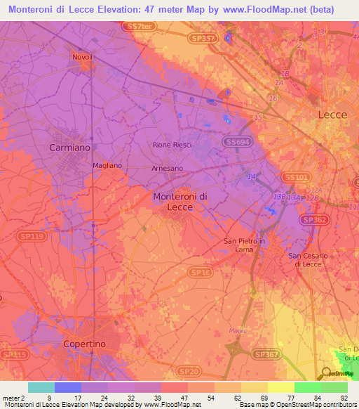 Monteroni di Lecce,Italy Elevation Map