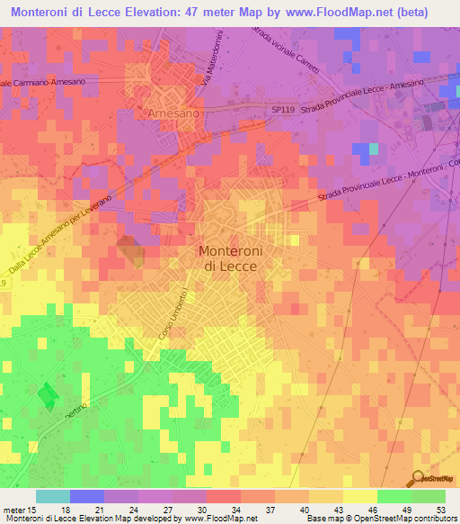 Monteroni di Lecce,Italy Elevation Map
