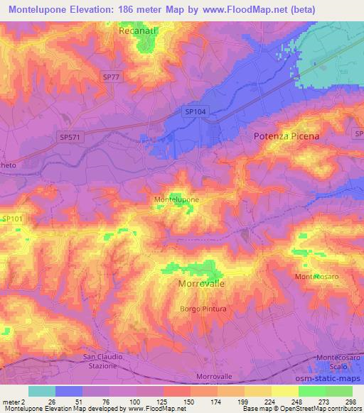 Montelupone,Italy Elevation Map