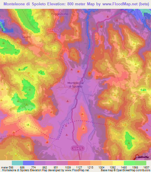 Monteleone di Spoleto,Italy Elevation Map