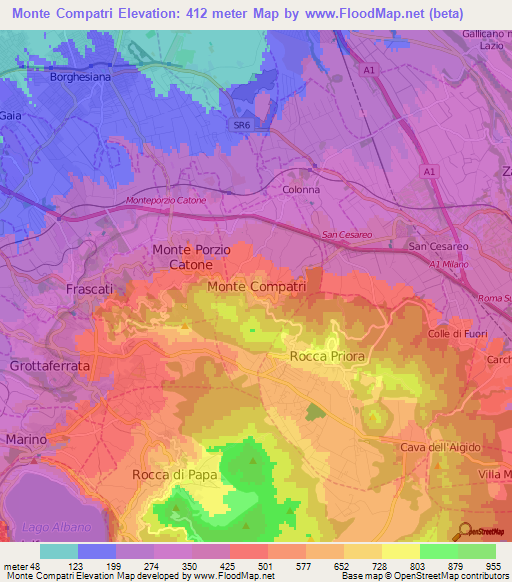 Monte Compatri,Italy Elevation Map