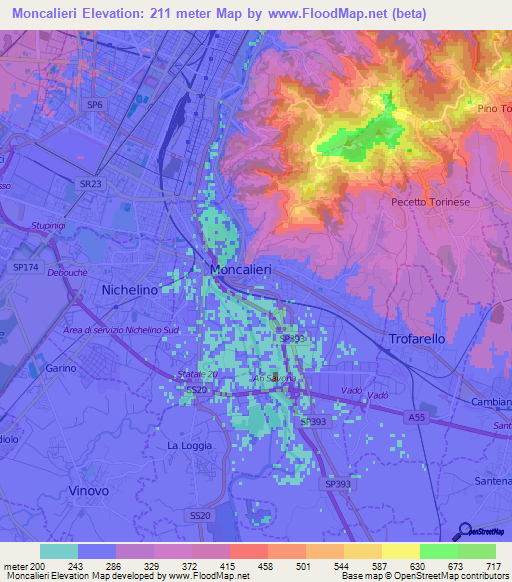 Moncalieri,Italy Elevation Map