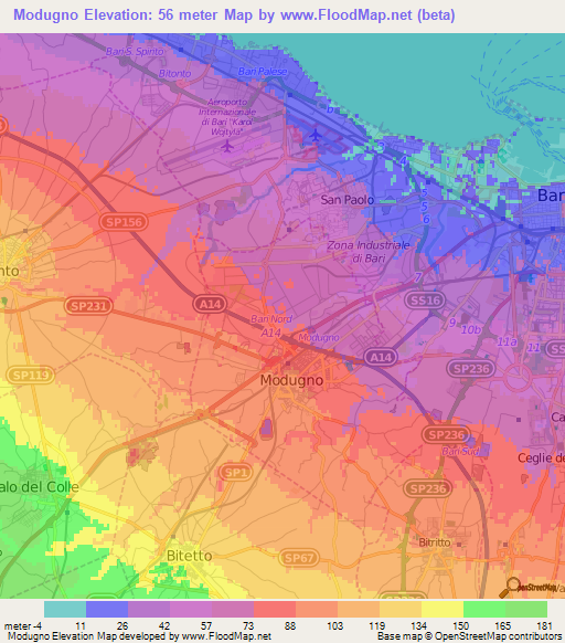 Modugno,Italy Elevation Map