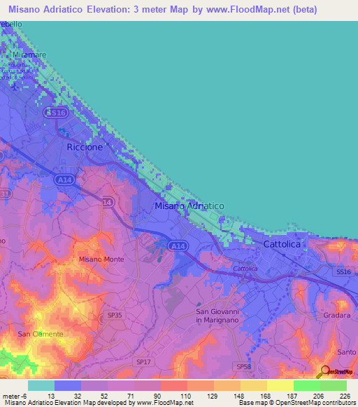 Misano Adriatico,Italy Elevation Map