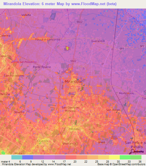 Mirandola,Italy Elevation Map