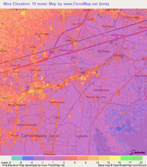 Mira,Italy Elevation Map
