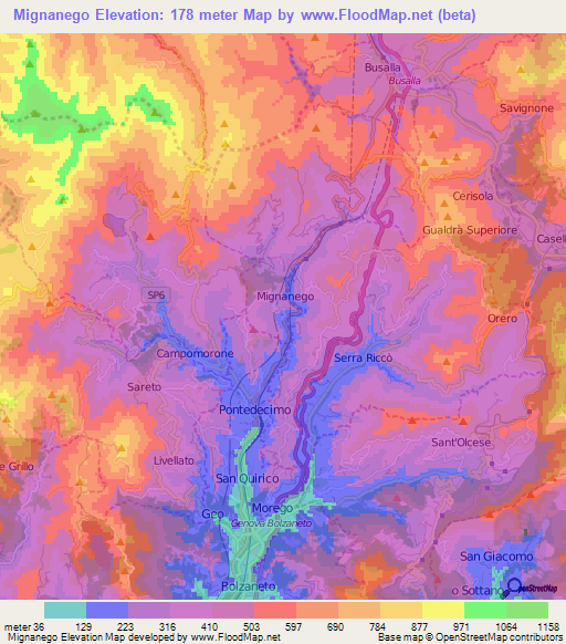 Mignanego,Italy Elevation Map