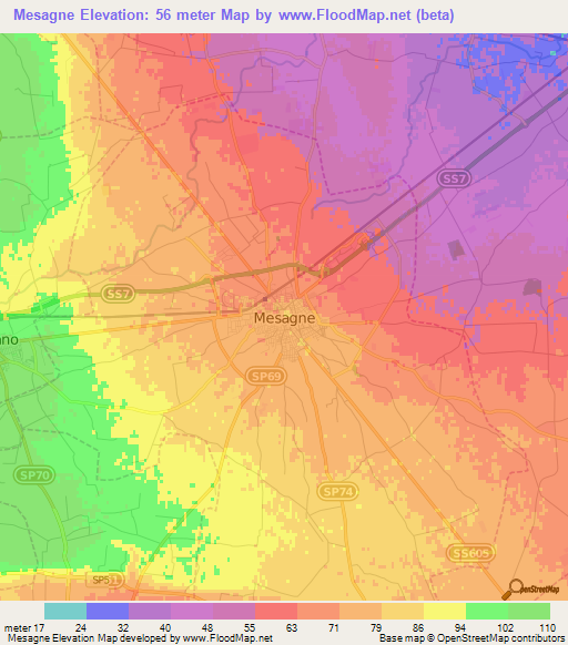 Mesagne,Italy Elevation Map