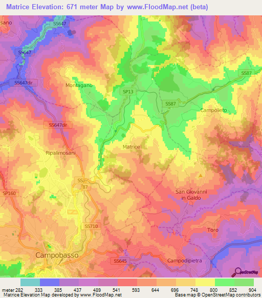 Matrice,Italy Elevation Map