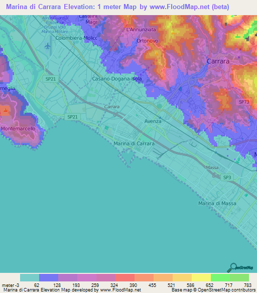 Marina di Carrara,Italy Elevation Map