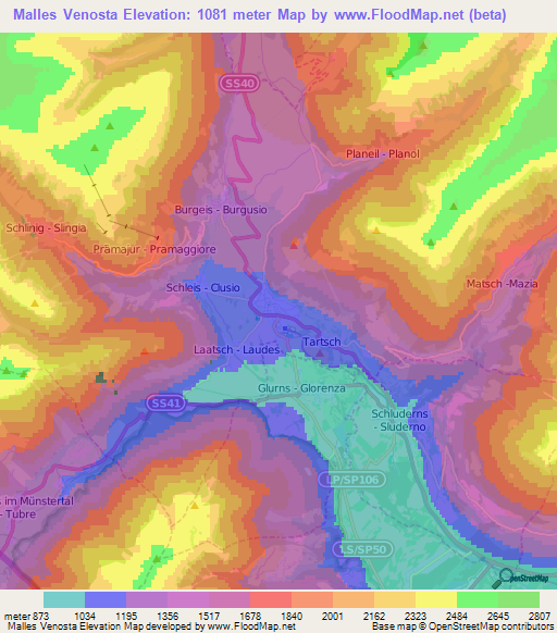 Malles Venosta,Italy Elevation Map