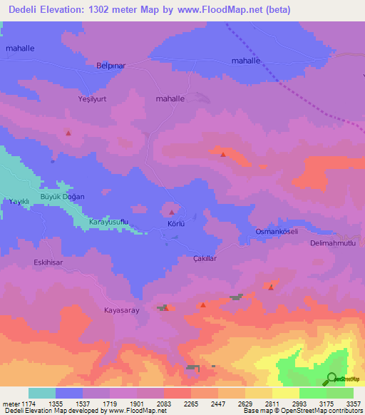 Dedeli,Turkey Elevation Map