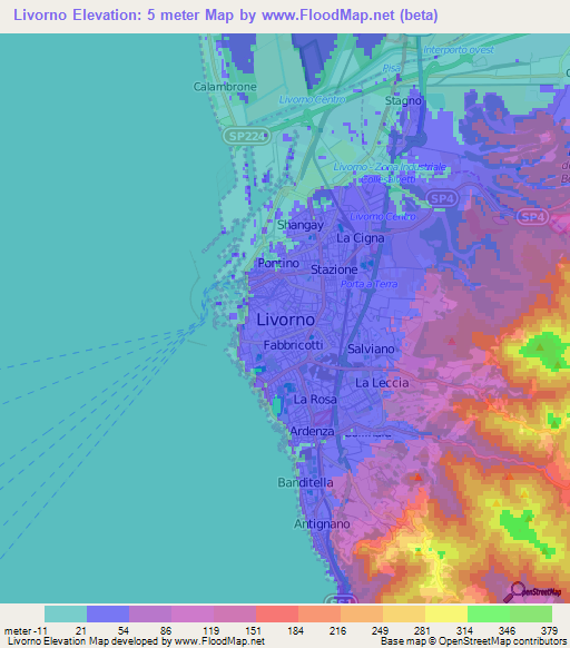 Livorno,Italy Elevation Map