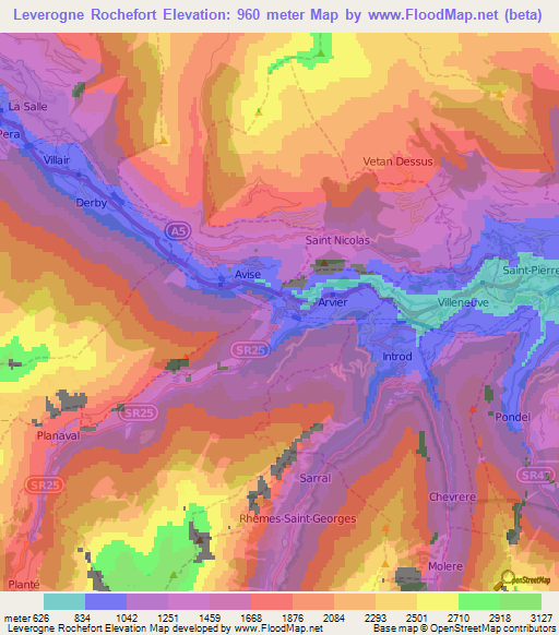 Leverogne Rochefort,Italy Elevation Map