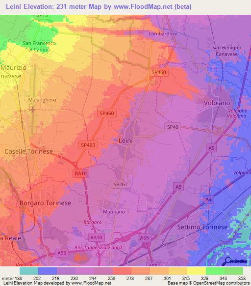 Leini,Italy Elevation Map