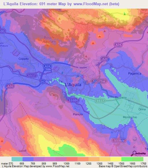 L'Aquila,Italy Elevation Map