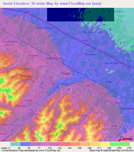 Imola,Italy Elevation Map