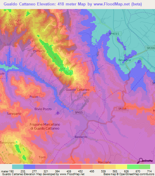 Gualdo Cattaneo,Italy Elevation Map