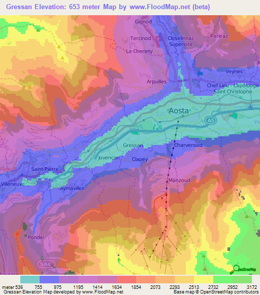 Gressan,Italy Elevation Map