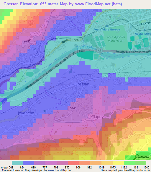 Gressan,Italy Elevation Map