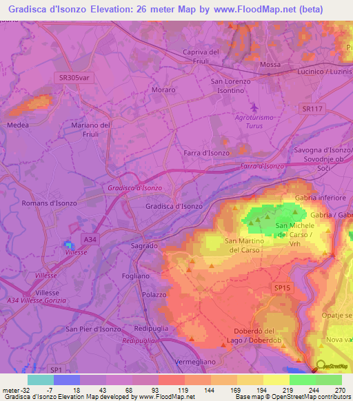 Gradisca d'Isonzo,Italy Elevation Map