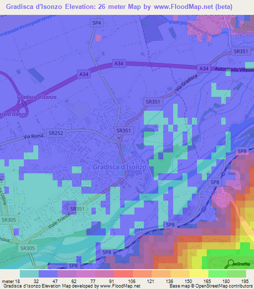 Gradisca d'Isonzo,Italy Elevation Map