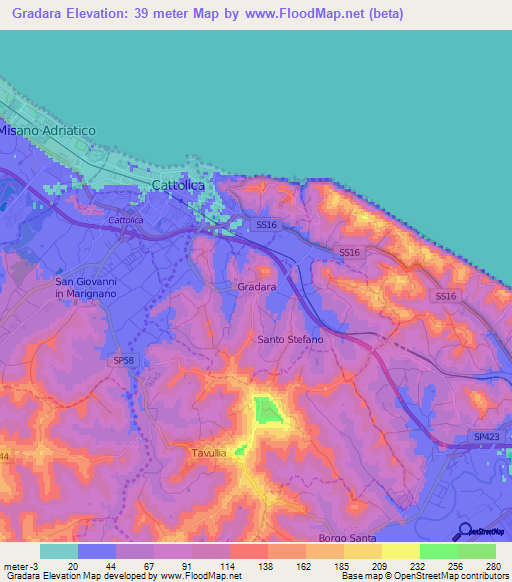 Gradara,Italy Elevation Map