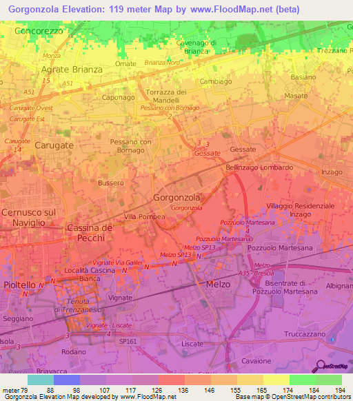 Gorgonzola,Italy Elevation Map