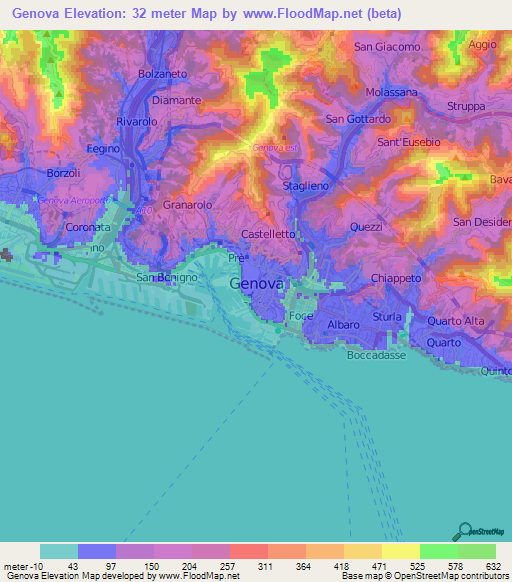 Genova,Italy Elevation Map