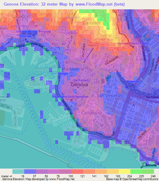 Genova,Italy Elevation Map