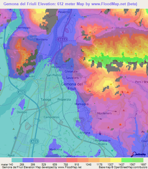 Gemona del Friuli,Italy Elevation Map