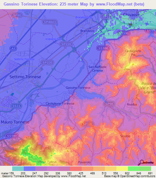 Gassino Torinese,Italy Elevation Map