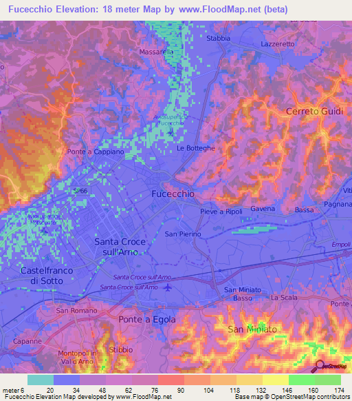 Fucecchio,Italy Elevation Map