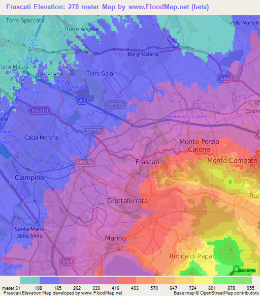 Frascati,Italy Elevation Map